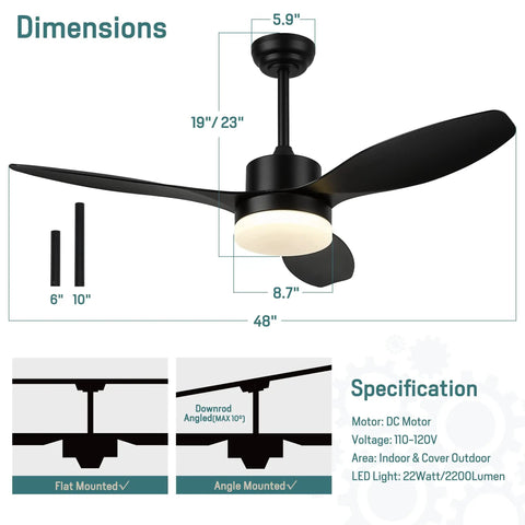 Diagram of Dope Modern 48 Inch Ceiling Fan With Lights And Remote Control In Matte Black For Indoor And Outdoor Use