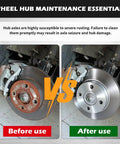 Before and after wheel hub cleaning using the Badass Wheel Hub Cleaning Tool Kit That Kicks Rust Right Out Featuring One Half Inch Drive Adapter And Five Replaceable Grinding Pads Designed For Grease Monkey Pros Using Either Ratchet Or Impact Driver For Serious Brake Cleanup.