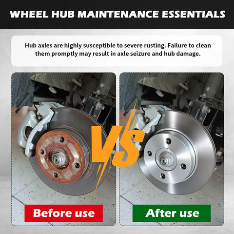 Before and after wheel hub cleaning using the Badass Wheel Hub Cleaning Tool Kit That Kicks Rust Right Out Featuring One Half Inch Drive Adapter And Five Replaceable Grinding Pads Designed For Grease Monkey Pros Using Either Ratchet Or Impact Driver For Serious Brake Cleanup.