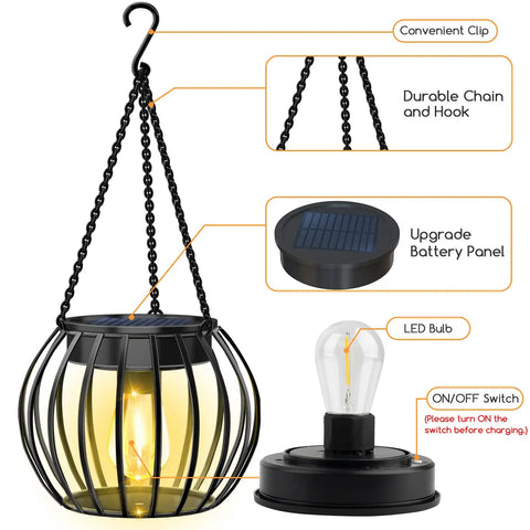 Two Pack 15 Inch Outdoor Solar Lantern Lights with metal design, showing battery panel, LED bulb, chain hook, and on/off switch.