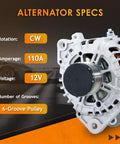 12V 110 Amp Bolt On Plug And Play Alternator With 3 Pin Connector Specs Shown, Fits 2007 2012 Altima 2.5L, 2011 2013 Rogue 2.5L.