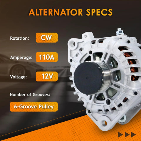 12V 110 Amp Bolt On Plug And Play Alternator With 3 Pin Connector Specs Shown, Fits 2007 2012 Altima 2.5L, 2011 2013 Rogue 2.5L.