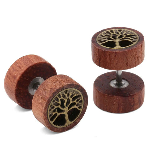 Three Pairs Organic Sono Wood Fake Ear Plugs Cheater Gauges 10Mm Illusion Screw Stud Earrings With Lion Head Tree Of Life Odin Horn Design