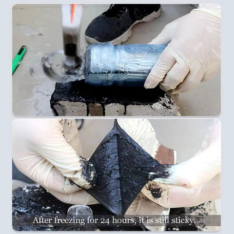 Demonstration of Super Tough Self Adhesive Roofing Felt Polyethylene Underlayment Roll for Asphalt Shingles showing stickiness after freezing.