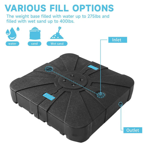 Heavy Duty Cantilever Umbrella Weighted Base, 300 Lb Capacity, 34 by 34 by 7 Inches showing water and sand fill options