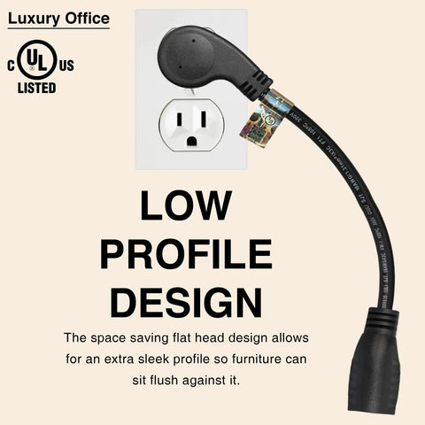 1 Foot Flat Plug Extension Cord With 16 AWG 3 Prong Male To Female, plugged into a wall socket, low profile design