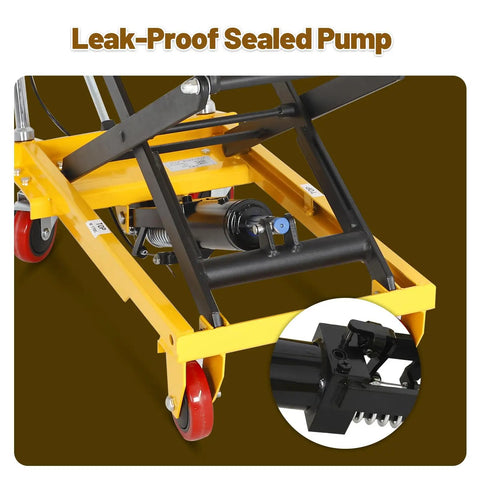 Close-up of KAFLLA Hydraulic Lift Cart With Double Scissor Jack showing leak-proof sealed pump and stability features.
