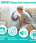 Washer drain pump assembly, front-load washer with door open; woman loading laundry.