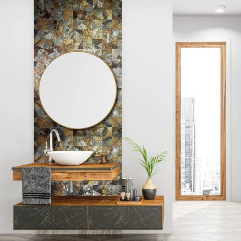 10 Sheet Peel And Stick Metal Backsplash Tiles Set With Self Adhesive Triangle Aluminum Mosaic For Kitchen And Bathroom Decor 3D Rusty Slate Look Easy Cut Mess Free DIY Friendly on wall behind bathroom sink