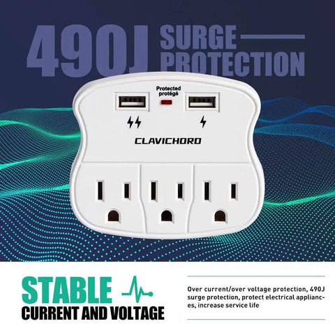 Surge Protector Wall Mount with 3 Outlets and 2 USB Ports, Compact Power Strip for Home Office School, No Fuss Safe Surge Shield