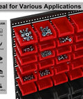 Wall Mounted Bolt And Screw Organizer Bins Set, Plastic Storage Bins For Garage, Red And Black 60 Piece Large Kit shown