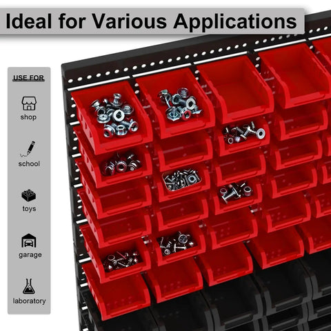 Wall Mounted Bolt And Screw Organizer Bins Set, Plastic Storage Bins For Garage, Red And Black 60 Piece Large Kit shown