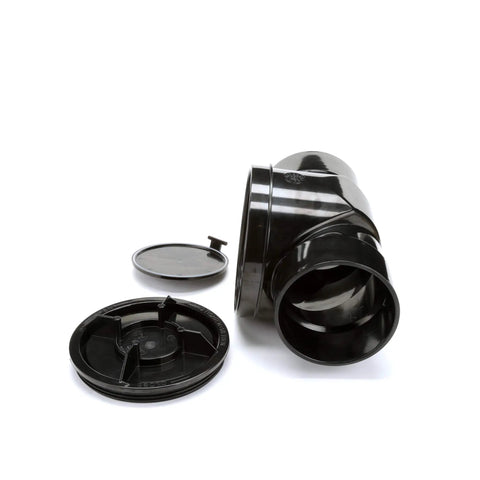 6 Inch ABS Backwater Valve For Basements And Low Areas With Elastomeric Flapper Seal And Hand Tightened Threaded Cap Delivers Solid Backflow Prevention From Sewer Lines, shown disassembled
