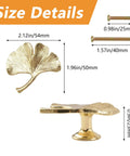 Six Piece Ginkgo Leaf Cabinet Knobs And Solid Zinc Drawer Pulls In Rustproof Brushed Gold Finish, size details shown.