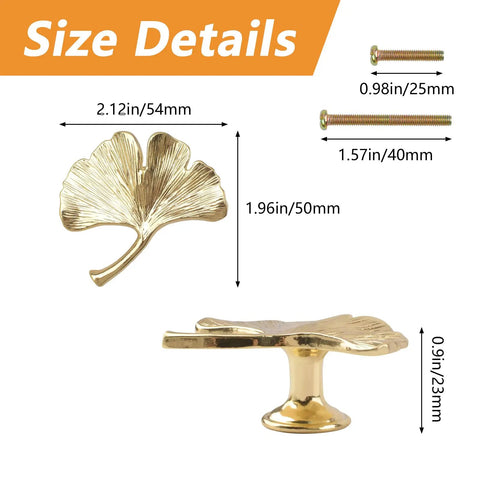 Six Piece Ginkgo Leaf Cabinet Knobs And Solid Zinc Drawer Pulls In Rustproof Brushed Gold Finish, size details shown.