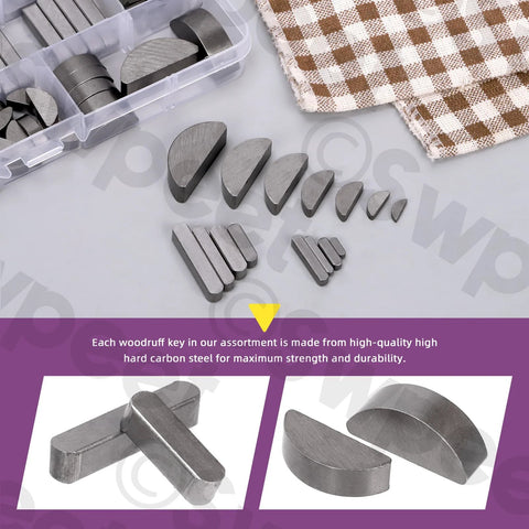 Top-down view of Swpeet 211-piece metric woodruff key assortment kit with semicircular steel keys in multiple sizes.
