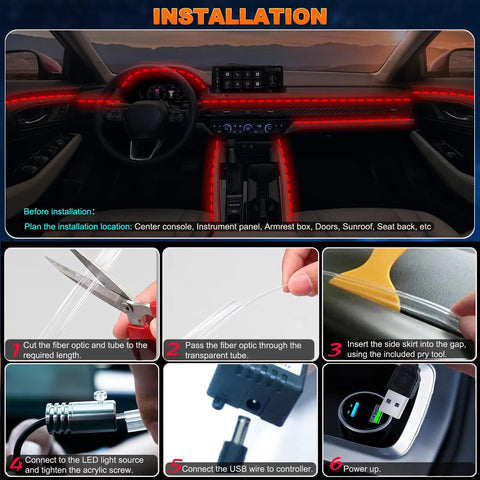 Installation guide for Lit Interior Car LED Strip Lights With Wireless App And Remote Control, showing step-by-step process.