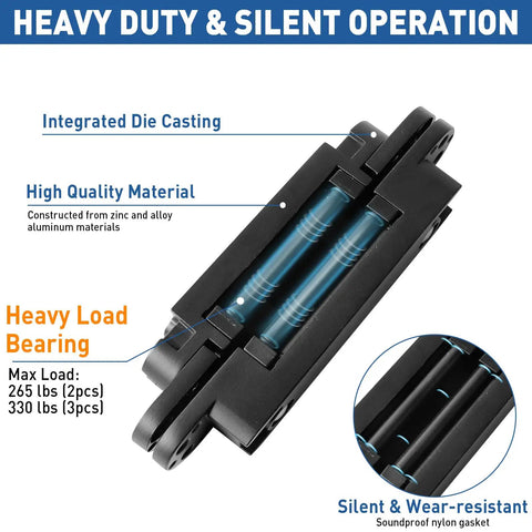 Pair Of Heavy Duty Hidden Door Hinges 9.7 Inch Concealed Flush Hardware showing integrated die casting and nylon gasket.