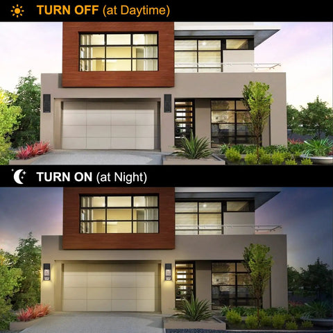 House with Dusk To Dawn Outdoor Light Fixture Wall Sconces 2 Pack Crystal Bubble Glass showing off and on states