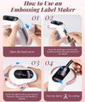 Step-by-step guide showing how to use a Vintage Embossing Label Maker With Six Adhesive Tape Rolls Manual Typewriter Style.