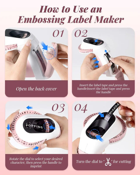 Step-by-step guide showing how to use a Vintage Embossing Label Maker With Six Adhesive Tape Rolls Manual Typewriter Style.