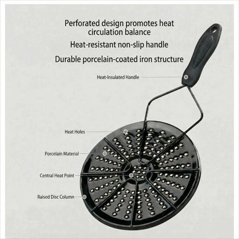 7.5 Inch Colombian Budare Arepa Grill for Stovetop and Gas Stove, showing perforated design and heat-resistant handle.