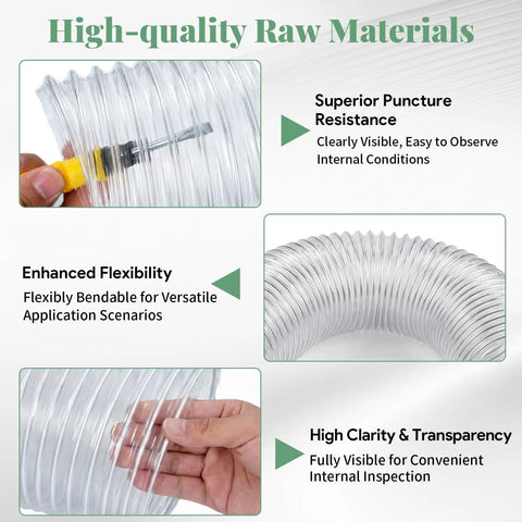 30 Ft Long 6 Inch PVC Dust Collection Hose Flexible Puncture Resistant Vacuum Hose With 8 Stainless Steel Clamps showing flexibility and clarity