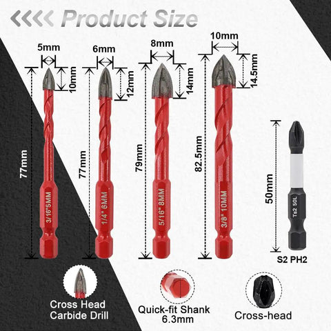 Diamond Drill Bits Set 10pc for Wood Plastic Masonry Tile Glass Ceramic from FOCSTOL, sizes 3/16, 1/4, 5/16, 3/8 inch.