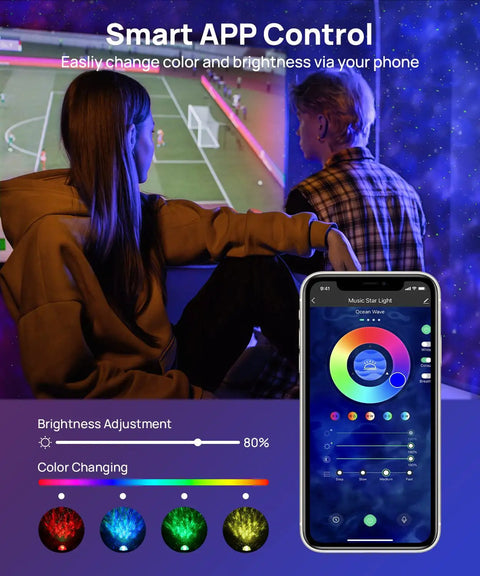 Star Projector With Bluetooth Speaker And App Control For Bedroom Night Light used with smartphone app for color adjustment