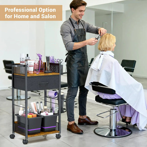 Mobile Salon Trolley Cart On Wheels For Hair Stylists With Metal Tool Holder And Basket Rolling Barber Table Black in use