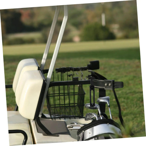 Golf cart on course with metal basket attached, focus on Three Sets Rubber T Handle Latches Built To Last Flexible Elastic Draw Latches
