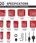 20-piece red bi-metal hole saw kit with sizes from 3/4 in to 2-11/16 in, includes arbors and hex wrenches