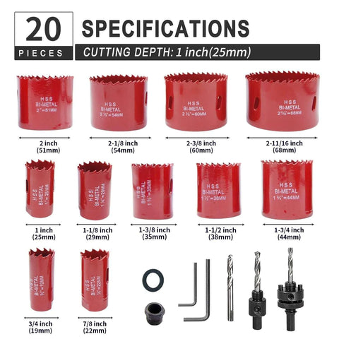 20-piece red bi-metal hole saw kit with sizes from 3/4 in to 2-11/16 in, includes arbors and hex wrenches