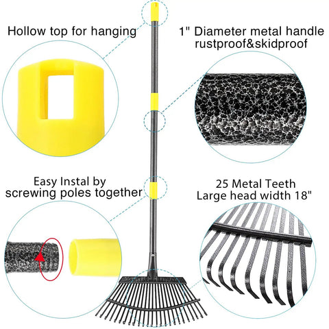Heavy Duty Leaf Rake With An 18 Inch Wide Metal Head And 25 Tines Extendable 30 To 61 Inch Long Handle Rustproof Skidproof Yard Rake