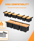 Heavy Duty Ceiling Garage Storage Racks For Bins And Totes, Space Saving Overhead Organizer With Adjustable Width, 7 Pack Including 6 Bins, Durable Steel Construction For Attic, Workshop, Or Garage showing black racks with orange lids.