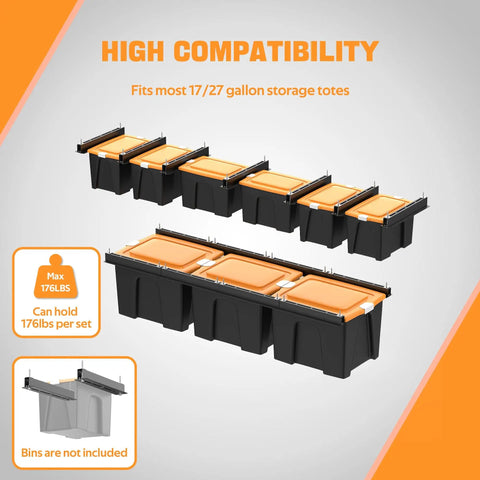 Heavy Duty Ceiling Garage Storage Racks For Bins And Totes, Space Saving Overhead Organizer With Adjustable Width, 7 Pack Including 6 Bins, Durable Steel Construction For Attic, Workshop, Or Garage showing black racks with orange lids.