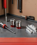 Stainless Steel Door Catch Latches Set, 4 Pack for Cabinets, Boats, and RVs; ball tension roller latch on a workbench display