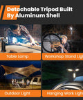 Image showing Go To 4 In 1 Cordless Work Light With Stand And Detachable Tripod Rechargeable LED Lamp in various uses like table or hanging work light, and outdoor lighting.