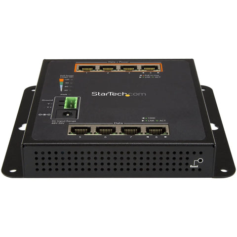 Rock Solid Eight Port Gigabit PoE Switch With Four Powered Ports And One Twenty Watt Budget view showing black steel housing and port layout.