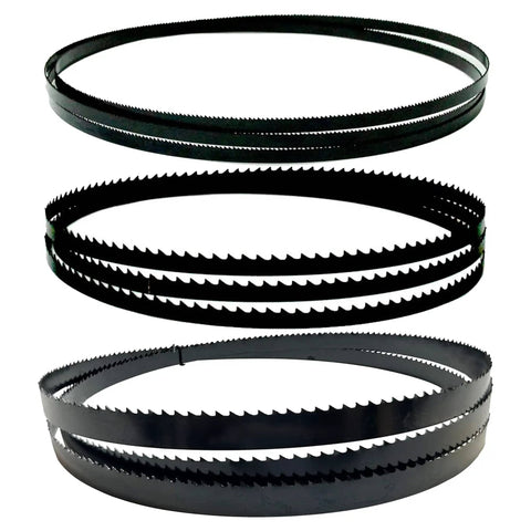 Three Pack 93.5 Inch Wood Bandsaw Blades Set For Fourteen Inch Saws Includes One Half Inch 6TPI One Quarter Inch 6TPI And One Eighth Inch 14TPI Blades
