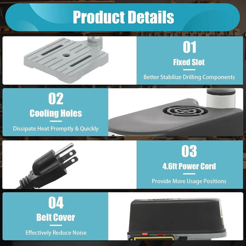 Product details of A Smooth Operator Benchtop Drill Press Designed to Handle Any Project Without Breaking a Sweat Delivers Up to 16000 RPM With Its 340 Watt Motor Featuring Three Adjustable Speeds and a Built Laser Sight for Spot On Accuracy.