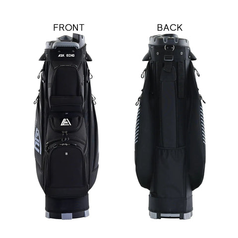 Smooth Glide 14 Way Divider Golf Cart Bag With Full Length Dividers And Kickass Extra Storage Pockets Game Changer Club Guard System In Sleek Black Colorway, front and back views, showcasing pockets.