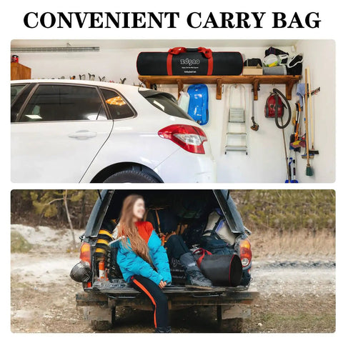 Portable Backyard Volleyball Set With Durable Net All Weather Construction Includes Pump Wrap Yarn Volleyball Boundary Lines Carry Bag Classic Blue Green Easy Setup For Instant Play shown in carry bag on garage shelf and car trunk.