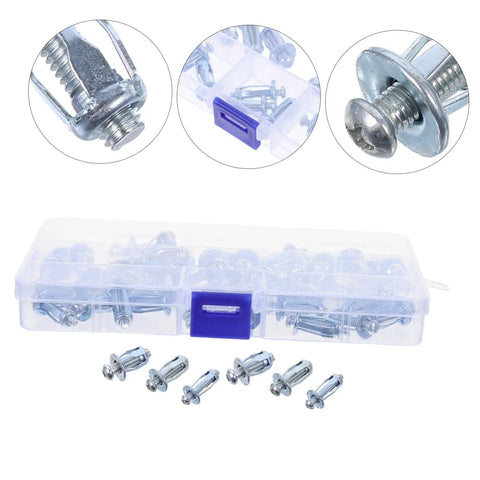 Heavy Duty Petal Expansion Screw Set M4 M5 M6 Built To Last Metal Expansion Bolts For Hollow Wall Plasterboard Installations, Secure Fastening For Furniture Assembly, DIY Projects, And Home Repairs. Plastic case with metal hollow-wall expansion bolts, M4 M5 M6