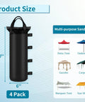 Four Heavy Duty Sand Bags For Canopy And Gazebo Legs Extra Large 6 By 20 Inch with waterproof coating, shown with uses and dimensions