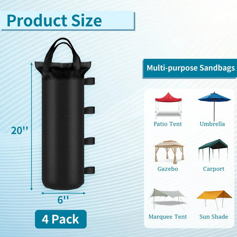 Four Heavy Duty Sand Bags For Canopy And Gazebo Legs Extra Large 6 By 20 Inch with waterproof coating, shown with uses and dimensions