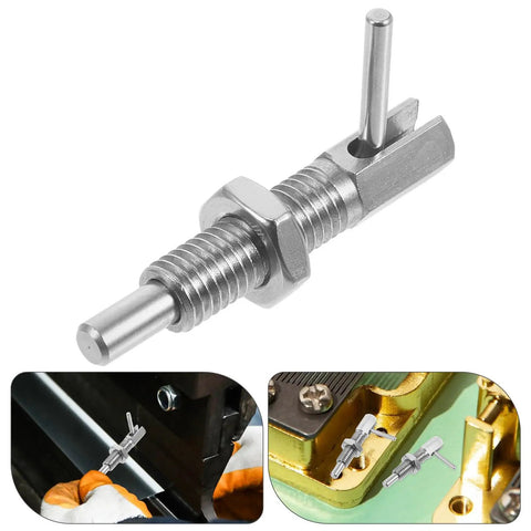 Badass Stainless Steel L Shaped Indexing Lock Plunger Pin With Spring Loaded Catch Latch for cabinets, M10 size, shown with applications.