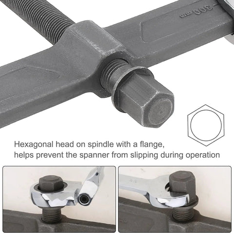 ChgImposs 12-inch two-jaw gear puller with hexagonal spindle head and flange, close-up view.