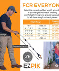 Man using 36-inch magnetic reacher with folding design for comfortable reach; chart displays height range to suggested length correlation.