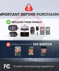 Important notice about Two Pack Replacement Garage Door Opener Remote For ACT-31B Megacode compatibility and dip switch models.